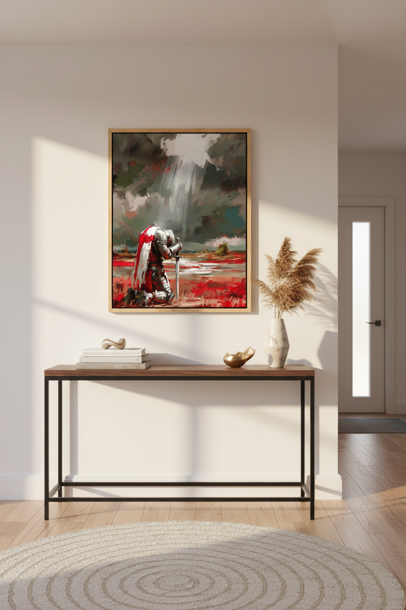 Prayer Warrior Christian Wall Art – Kneeling Knight Armor of God Canvas