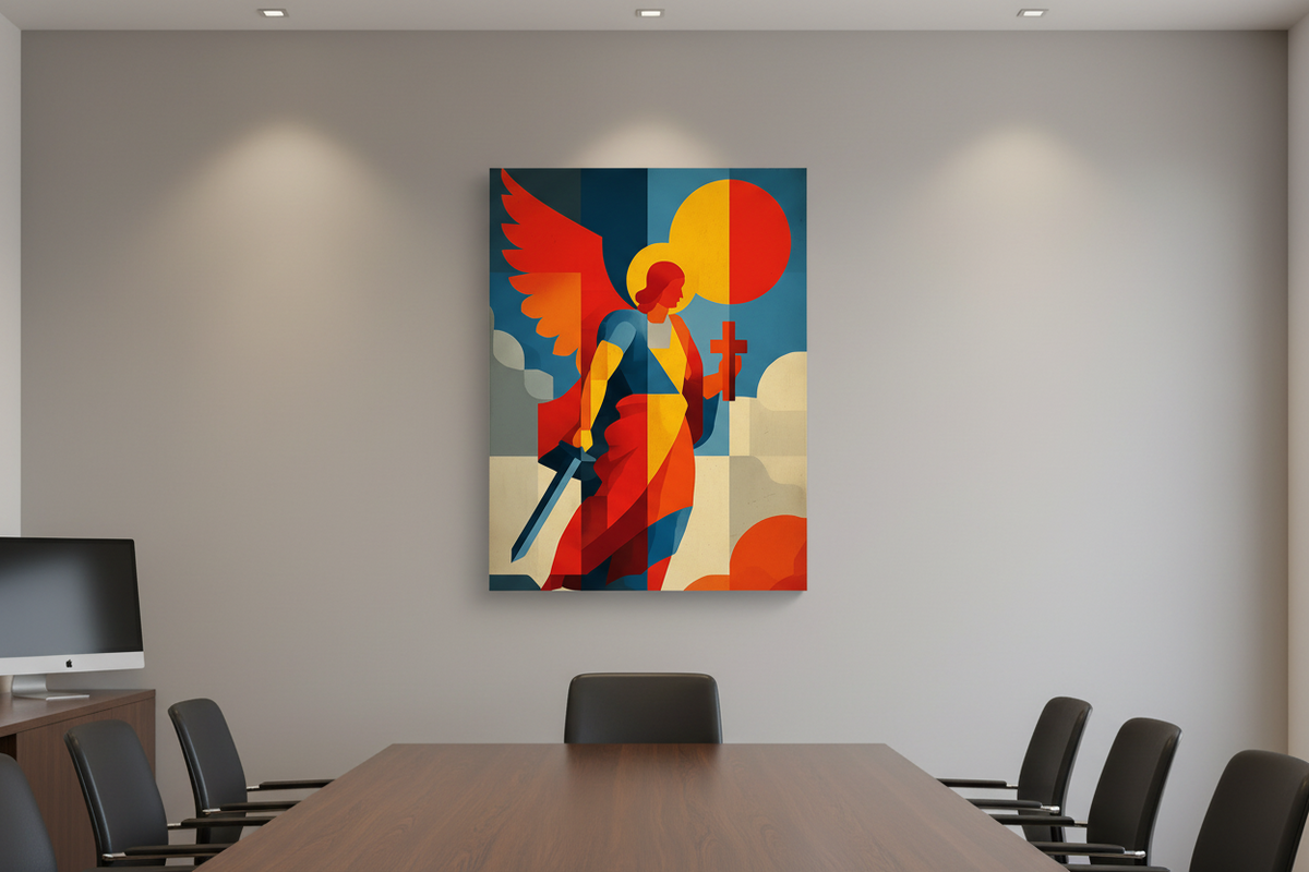 Modern Warrior Angel with Cross – Christian Geometric Wall Art