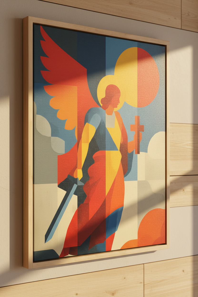 Modern Warrior Angel with Cross – Christian Geometric Wall Art