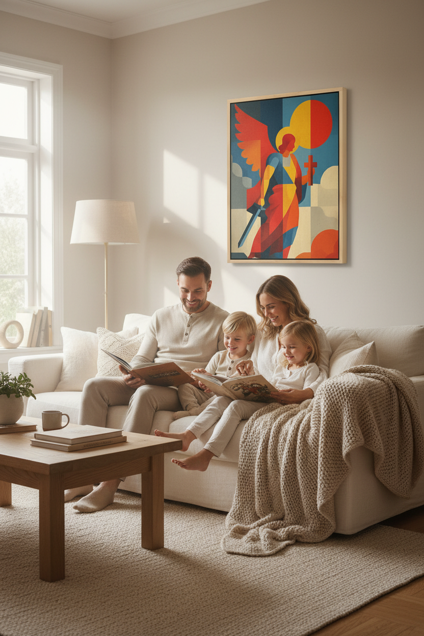Modern Warrior Angel with Cross – Christian Geometric Wall Art