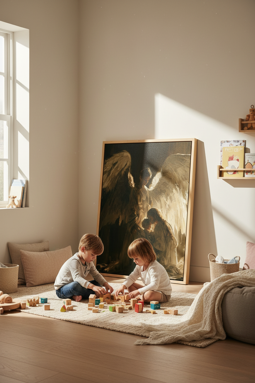 Angels Watching Over a Child – Guardian Angel Christian Wall Art
