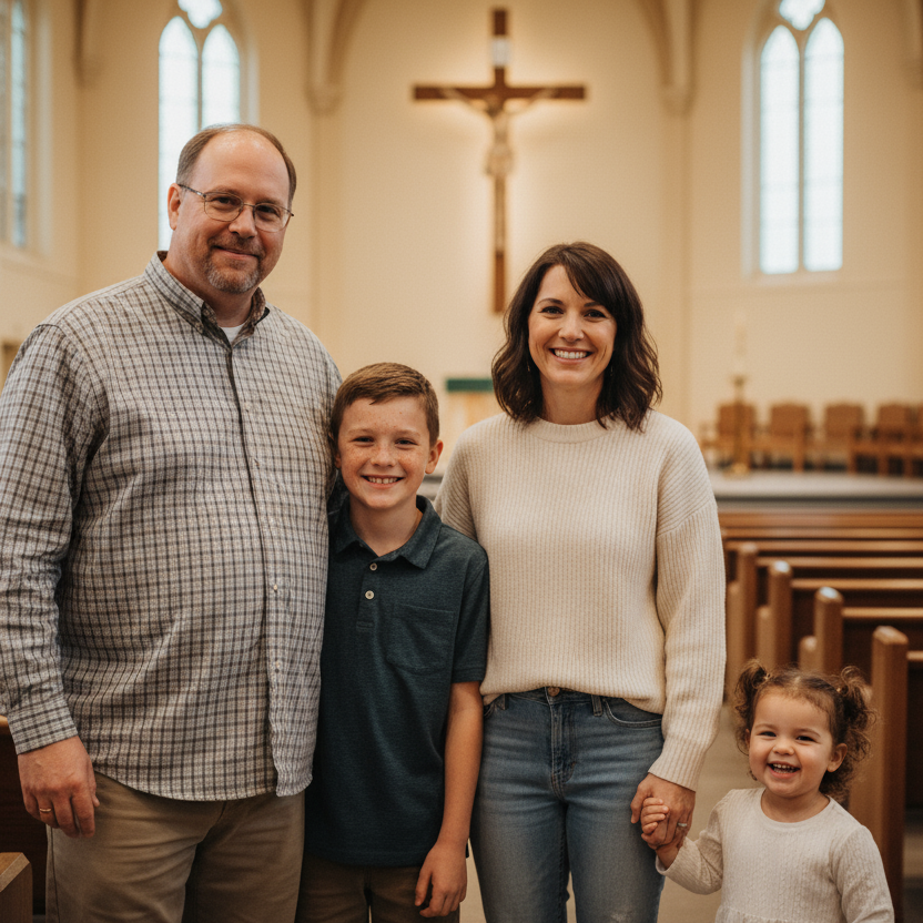 对四十岁出头的中年夫妻，生活在美国郊区一栋两层小房子里。丈夫身材略高，有一点发福，头发开始稀疏，戴着金属框眼镜，说话语气温和、带点幽默。妻子留着及肩的深棕色头发，脸上常挂着笑，眼角已有细纹，却有一种长期操持家庭带来的沉静温柔。她喜欢穿柔软的针织衫和浅色牛仔裤，举手投足间透出一种朴实的亲切。 女孩4岁 偏胖 男孩10岁 有这雀斑 镜头角度略微偏左 背景为礼堂