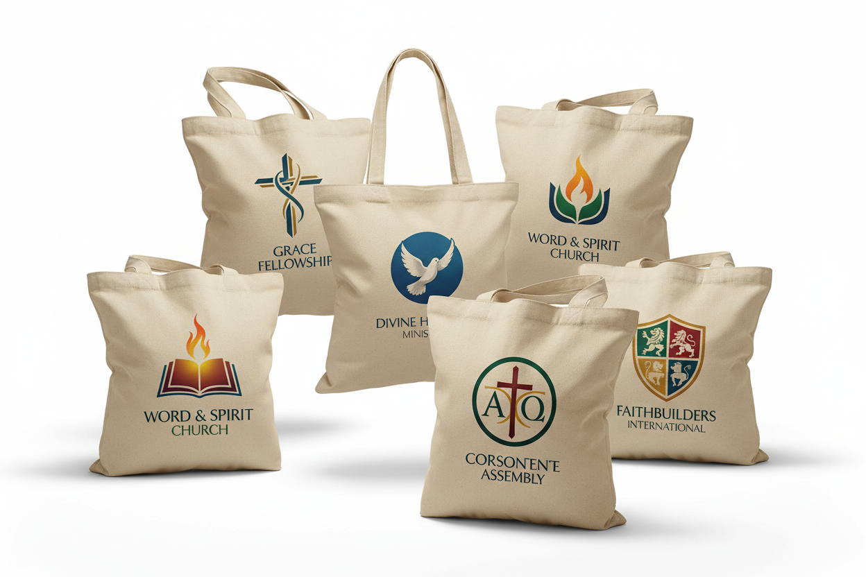 几个帆布包 上面印着各种教堂的标志。广告片角度