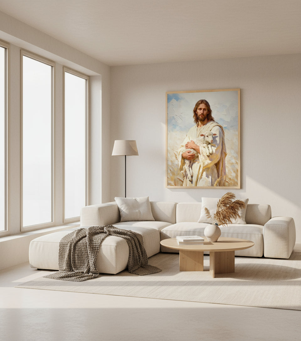 Jesus holding the lamb in the wheat field｜Faith Canvas