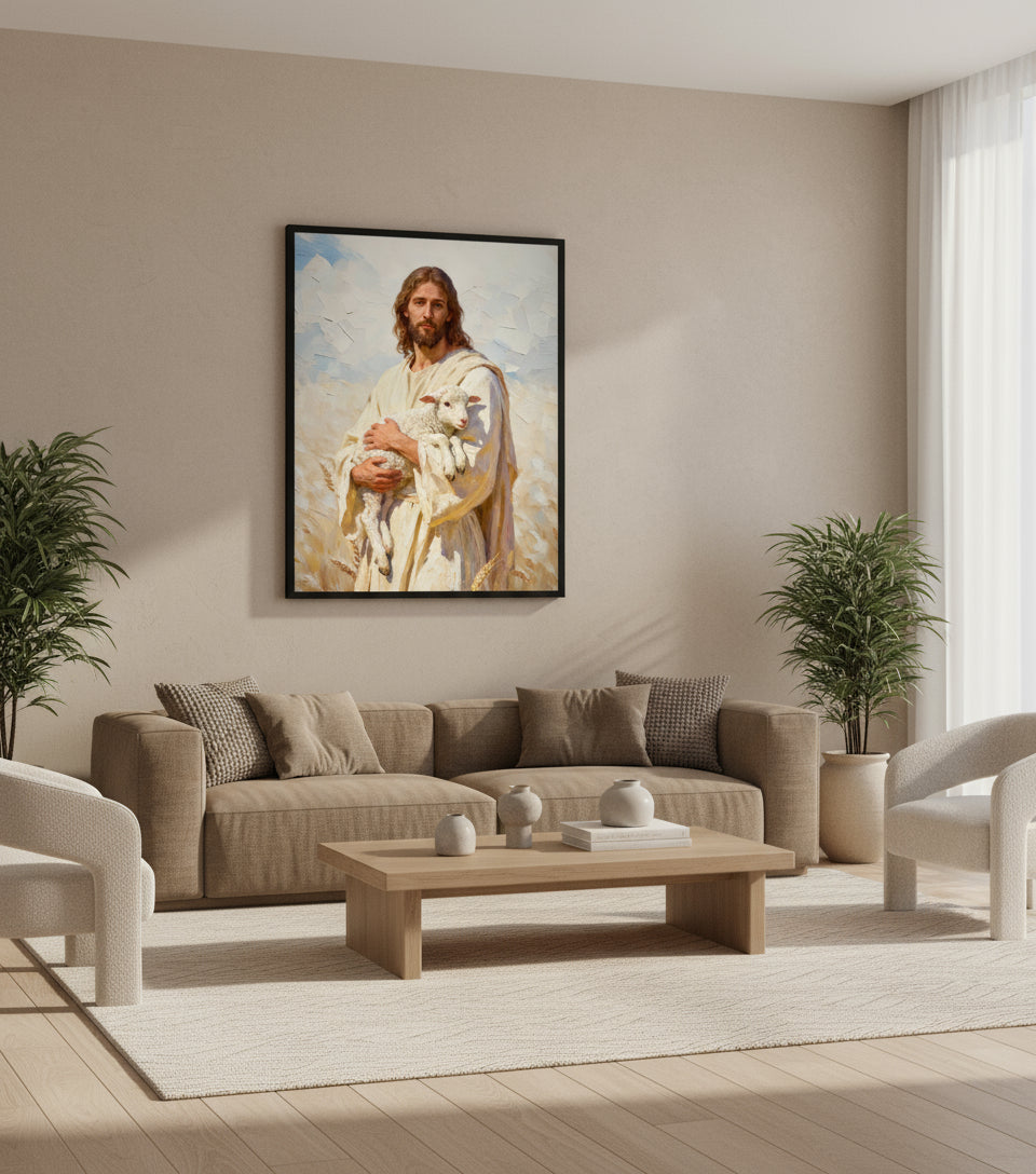 Jesus holding the lamb in the wheat field｜Faith Canvas