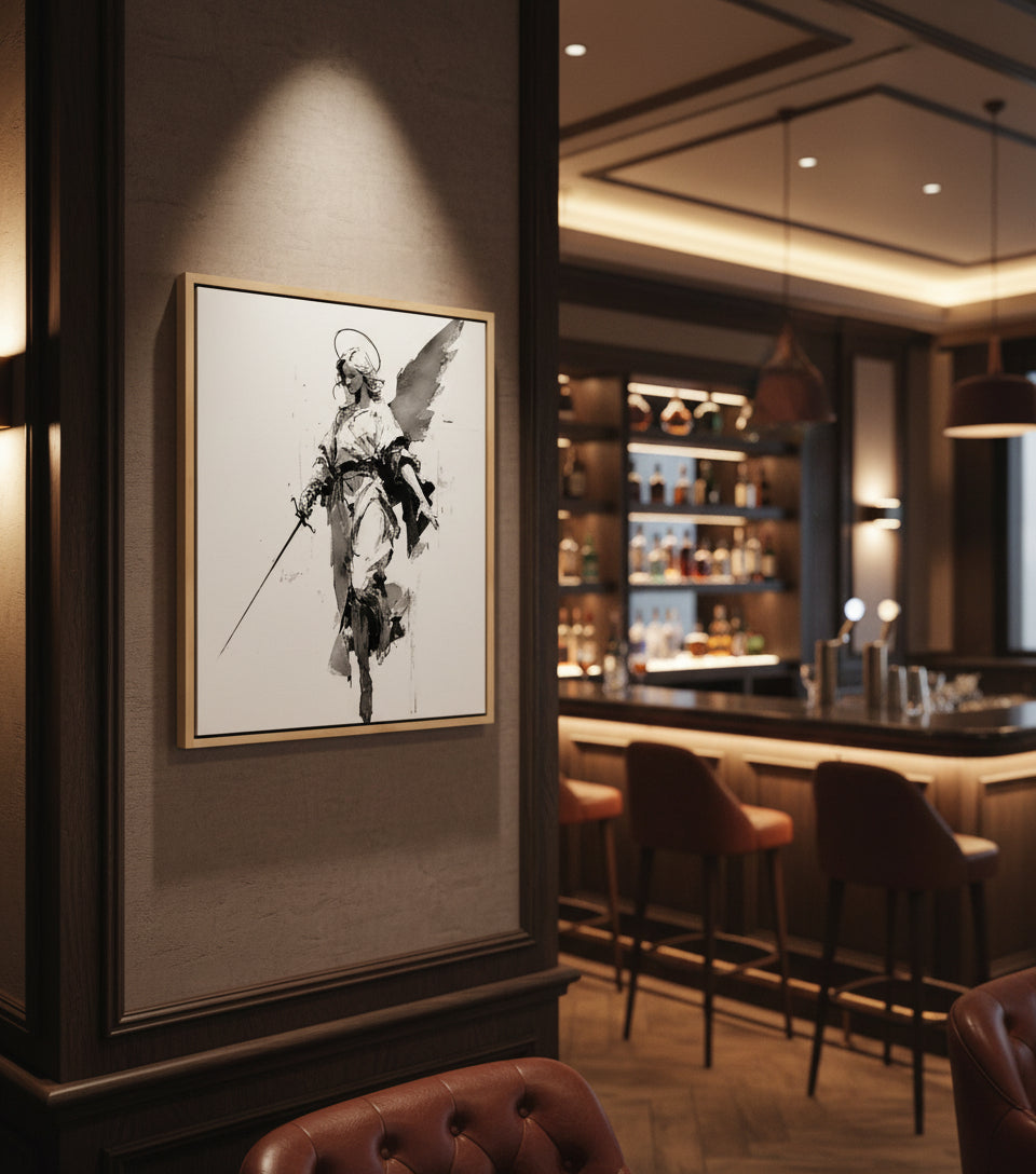 Warrior Angel with Sword – Minimalist Black & White Christian Wall Art, Guardian Angel Canvas