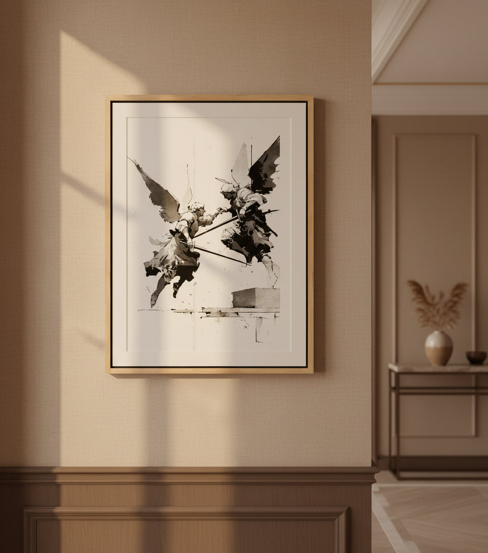 Heavenly Clash – Angelic Warfare Art | Spiritual Battle Wall Decor