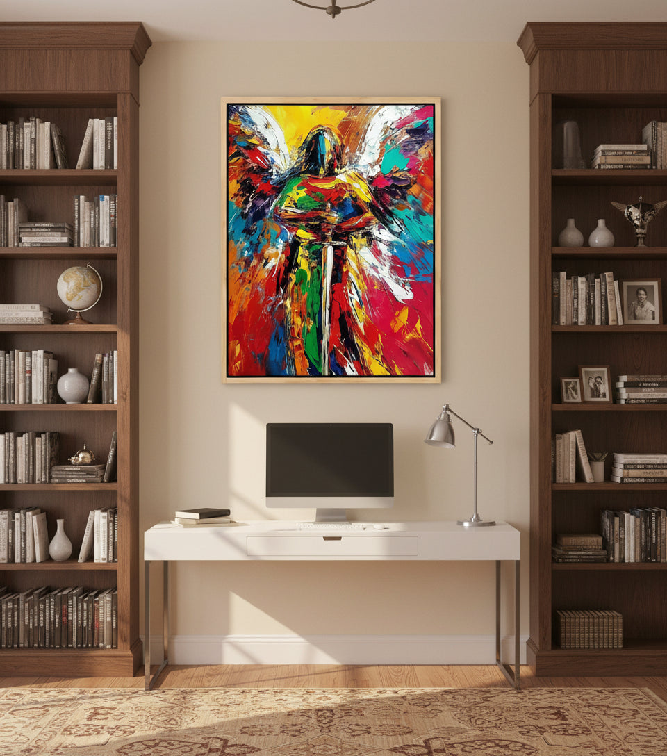 Guardian Angel of Light – Colorful Christian Angel Sword Canvas Wall Art