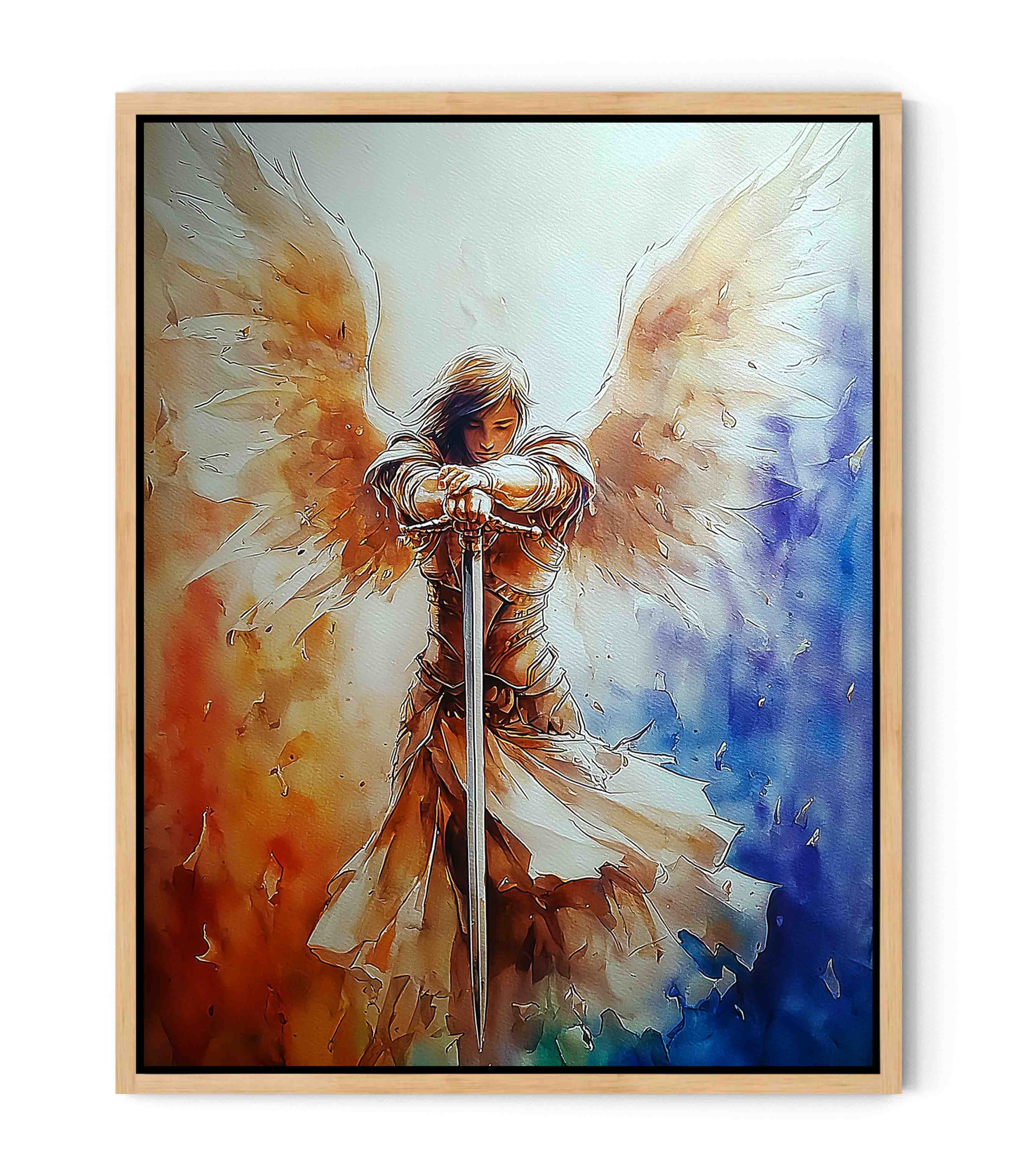 Guardian Angel with Sword Wall Art – Christian Angel Warrior Canvas, Seraphim Protection Painting, Faith Decor