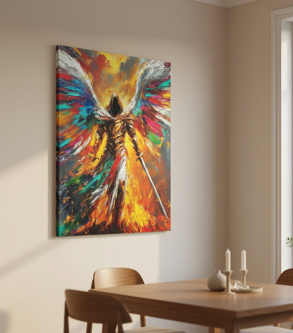 Radiant Archangel of Fire and Light – Warrior Angel Sword Canvas Art