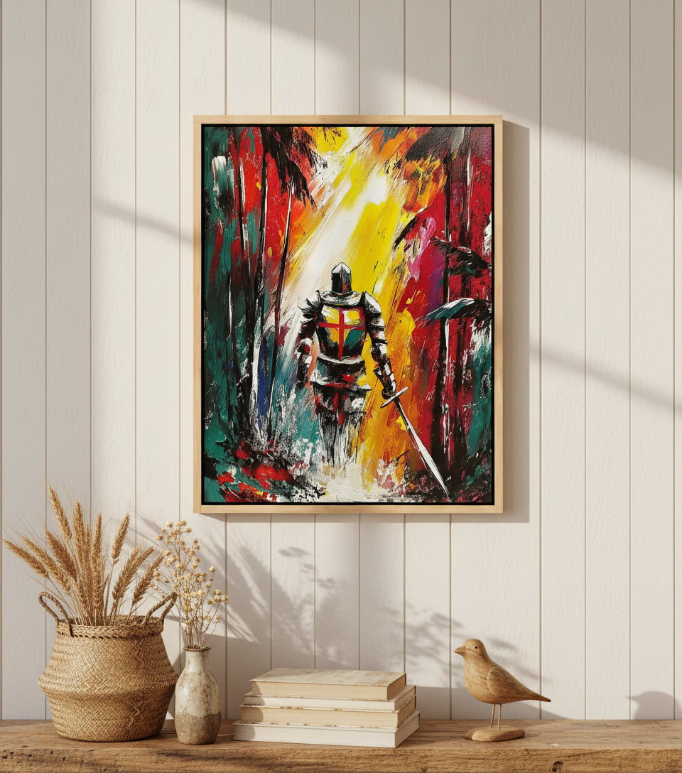 Christian Warrior in the Forest Canvas – Spiritual Battle Wall Art, Armor of God Painting, Light vs Darkness Artwork