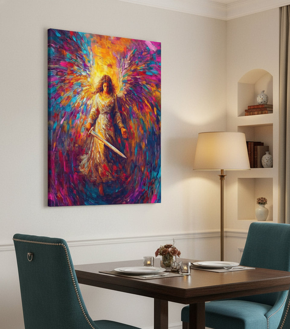 Radiant Angel with Sword – Vibrant Seraph Guardian Christian Wall Art