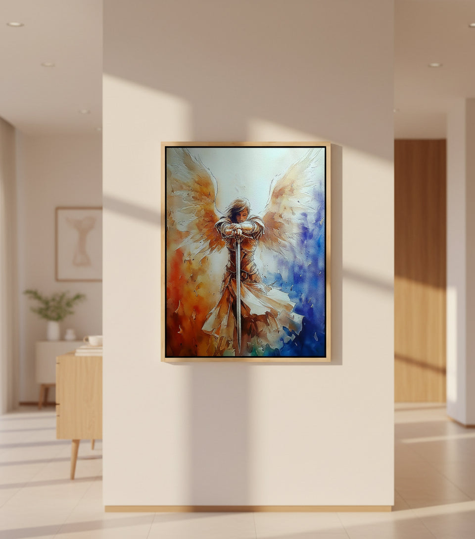 Guardian Angel with Sword Wall Art – Christian Angel Warrior Canvas, Seraphim Protection Painting, Faith Decor