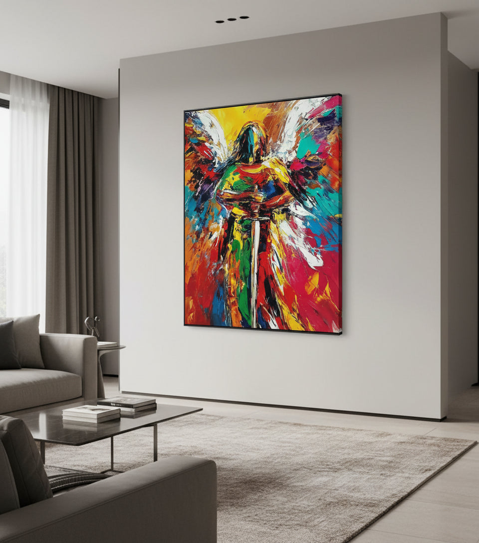 Guardian Angel of Light – Colorful Christian Angel Sword Canvas Wall Art