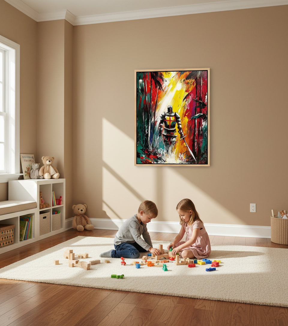 Christian Warrior in the Forest Canvas – Spiritual Battle Wall Art, Armor of God Painting, Light vs Darkness Artwork