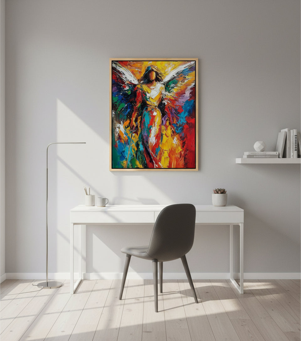 Radiant Angel Warrior Art – Guardian Angel with Sword Abstract Painting | Christian Wall Decor
