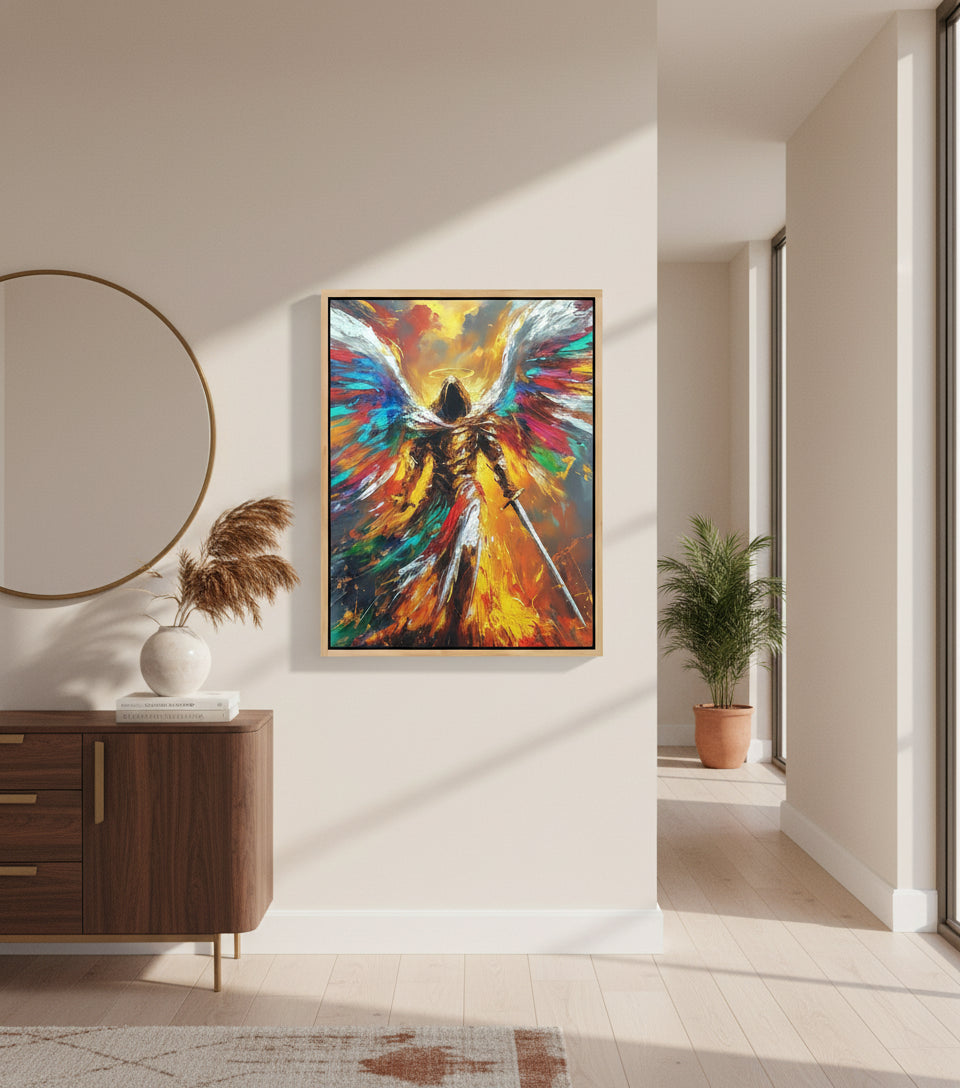 Radiant Archangel of Fire and Light – Warrior Angel Sword Canvas Art