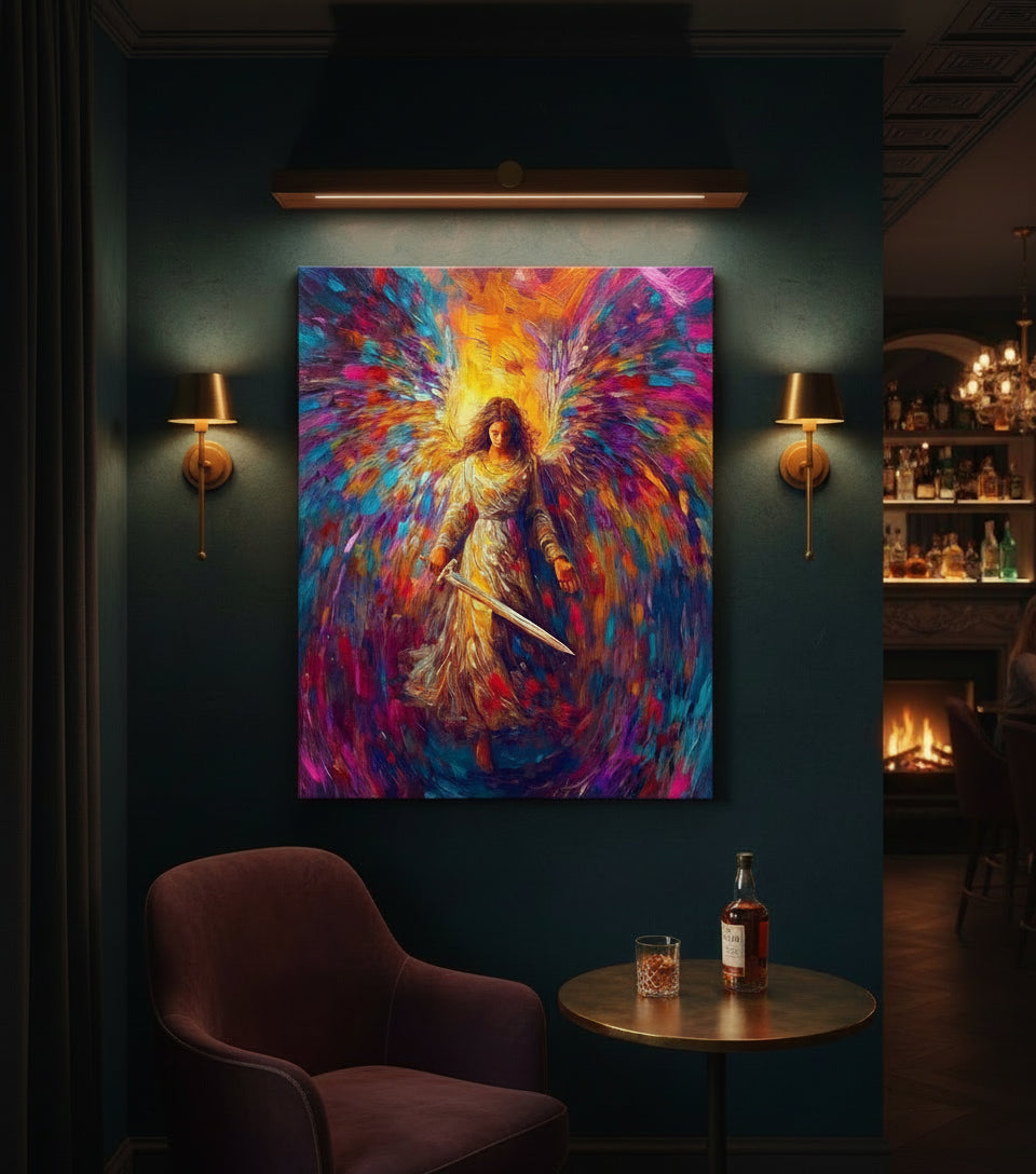 Radiant Angel with Sword – Vibrant Seraph Guardian Christian Wall Art