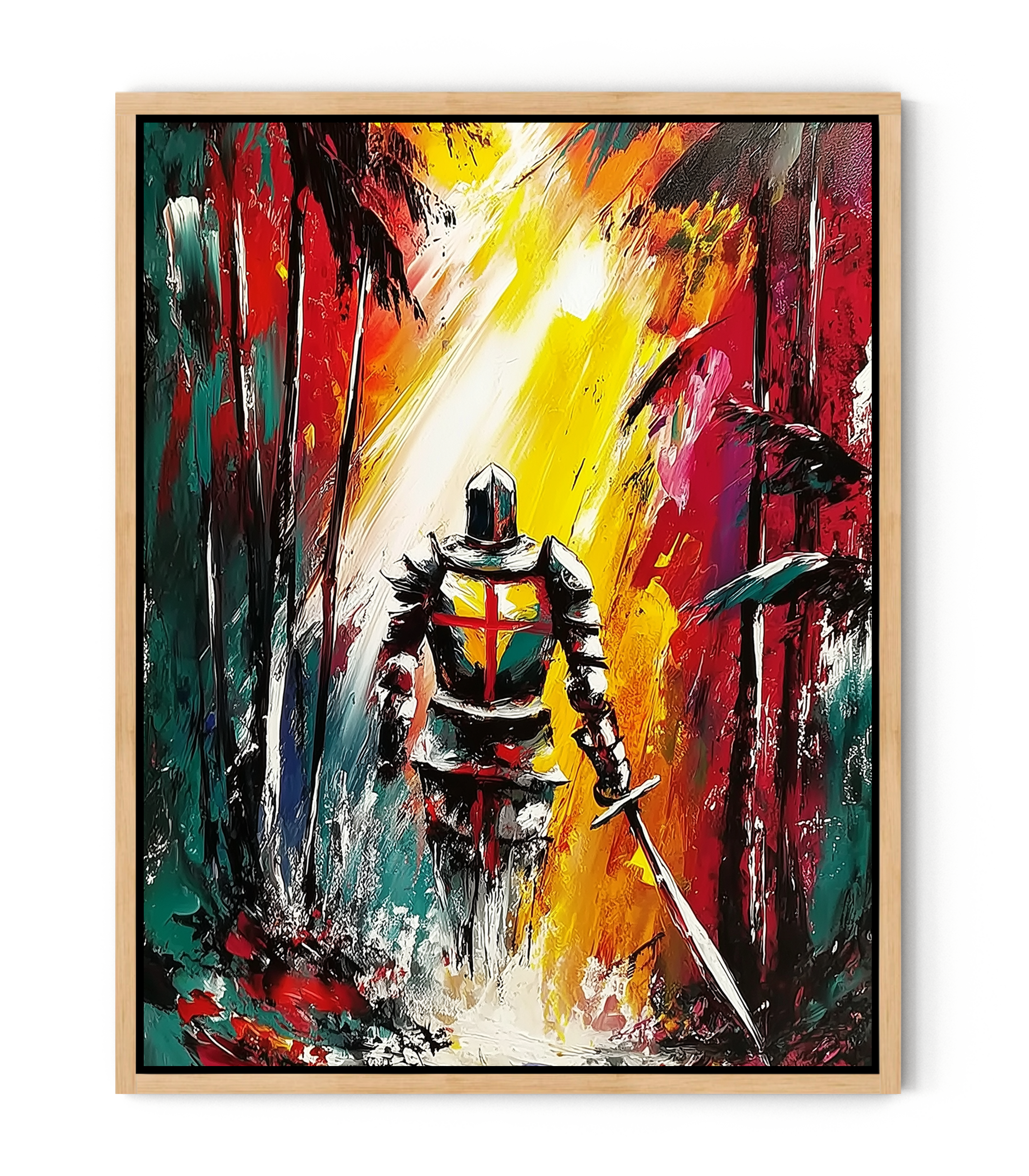 Christian Warrior in the Forest Canvas – Spiritual Battle Wall Art, Armor of God Painting, Light vs Darkness Artwork