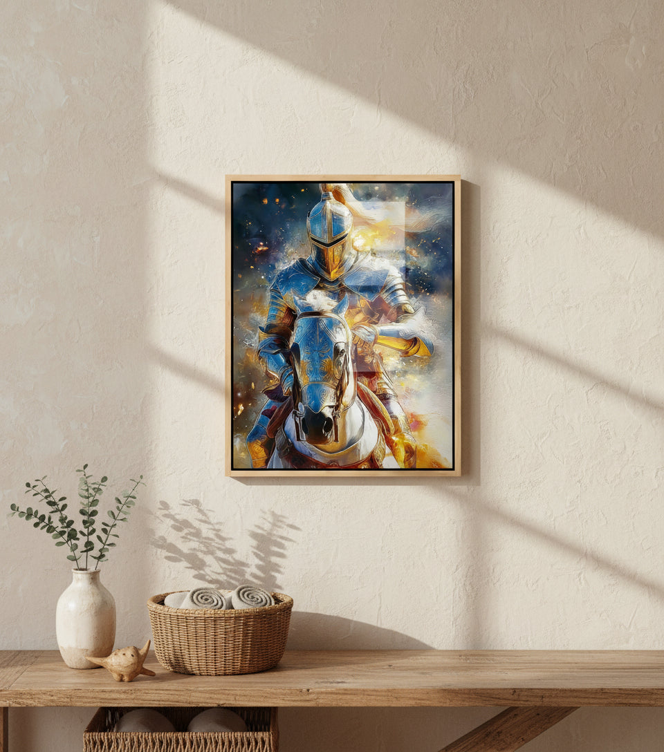 Heavenly Warrior on White Horse faithfulprints Canvas – Christian Knight Wall Art, Spiritual Battle Painting, Faith Armor Artwork
