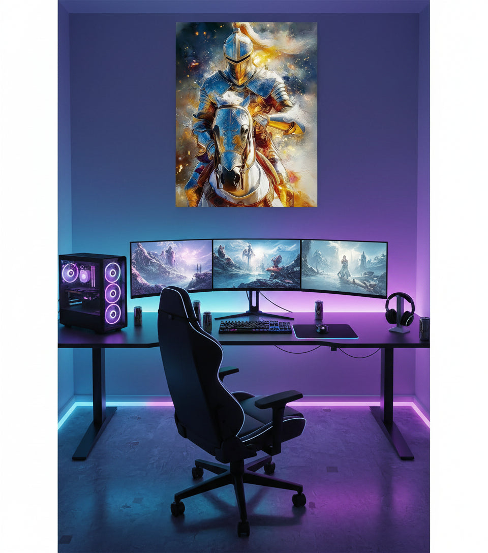 Heavenly Warrior on White Horse faithfulprints Canvas – Christian Knight Wall Art, Spiritual Battle Painting, Faith Armor Artwork