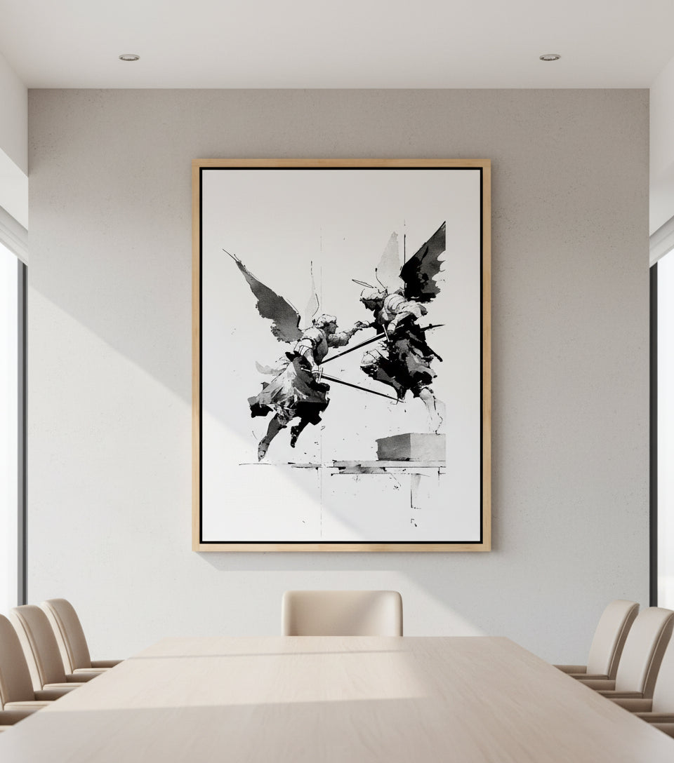 Heavenly Clash – Angelic Warfare Art | Spiritual Battle Wall Decor