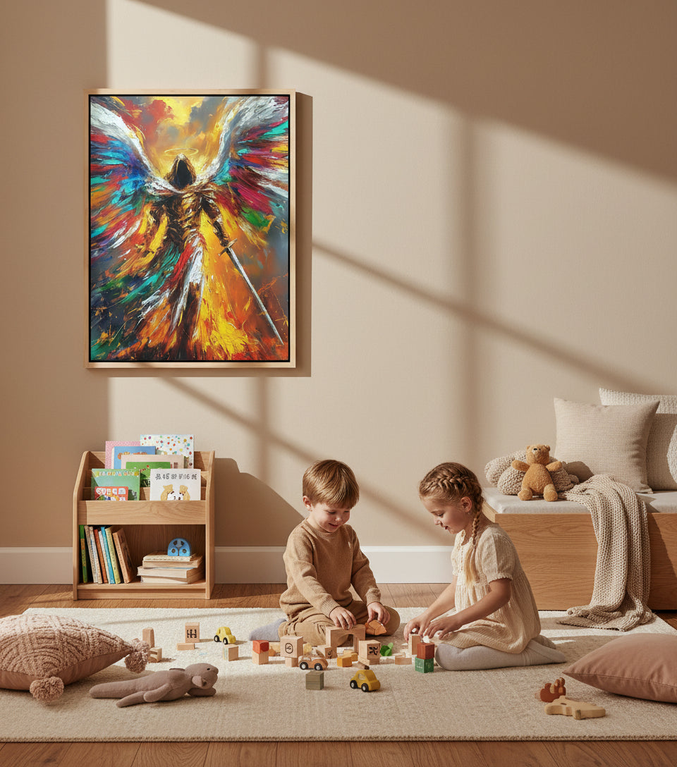 Radiant Archangel of Fire and Light – Warrior Angel Sword Canvas Art