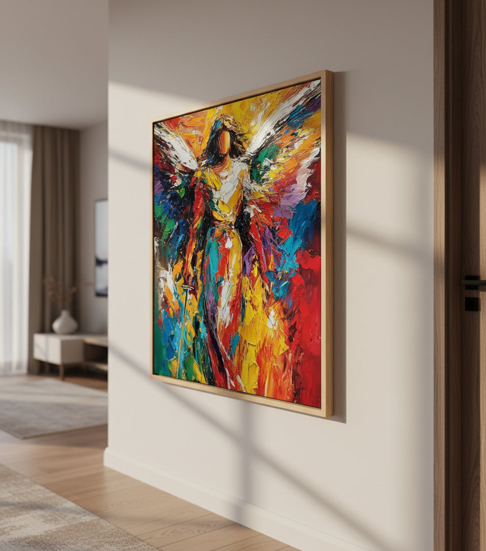 Radiant Angel Warrior Art – Guardian Angel with Sword Abstract Painting | Christian Wall Decor