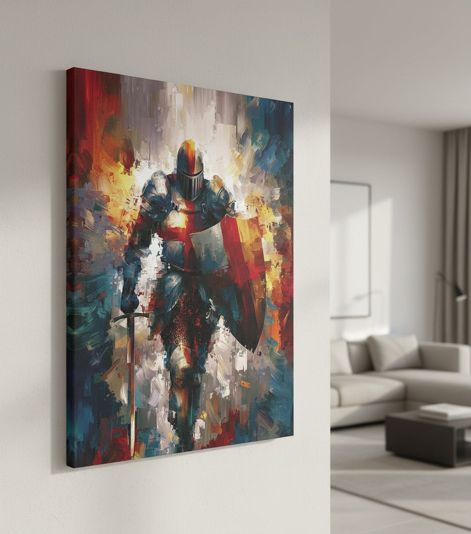 Baptism of the Warrior – Christian Knight Under Waterfall Canvas, Spiritual Renewal Wall Art, Isaiah 43:2