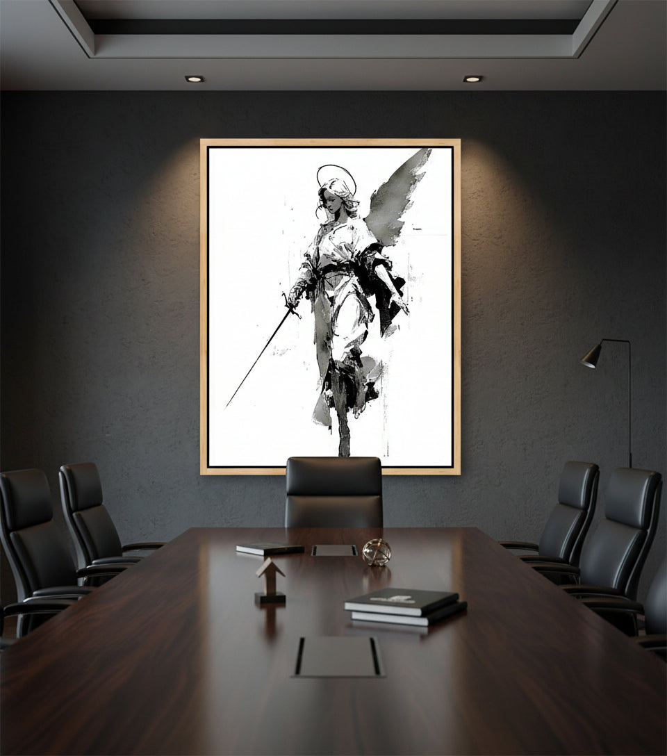 Warrior Angel with Sword – Minimalist Black & White Christian Wall Art, Guardian Angel Canvas