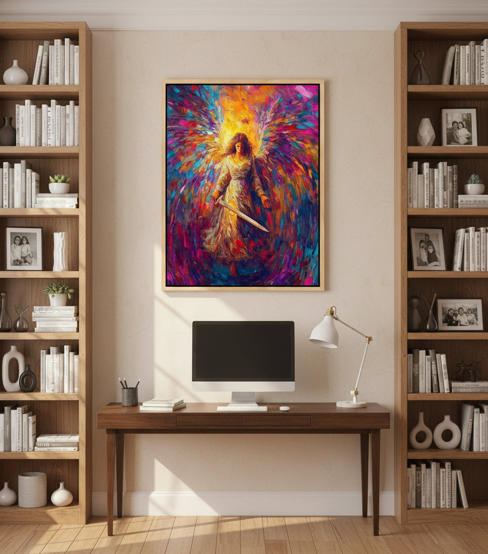Radiant Angel with Sword – Vibrant Seraph Guardian Christian Wall Art