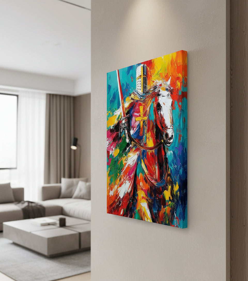 Christian Knight on White Horse Canvas – Spiritual Warrior Wall Art, Faith Battle Painting, Revelation 19:11