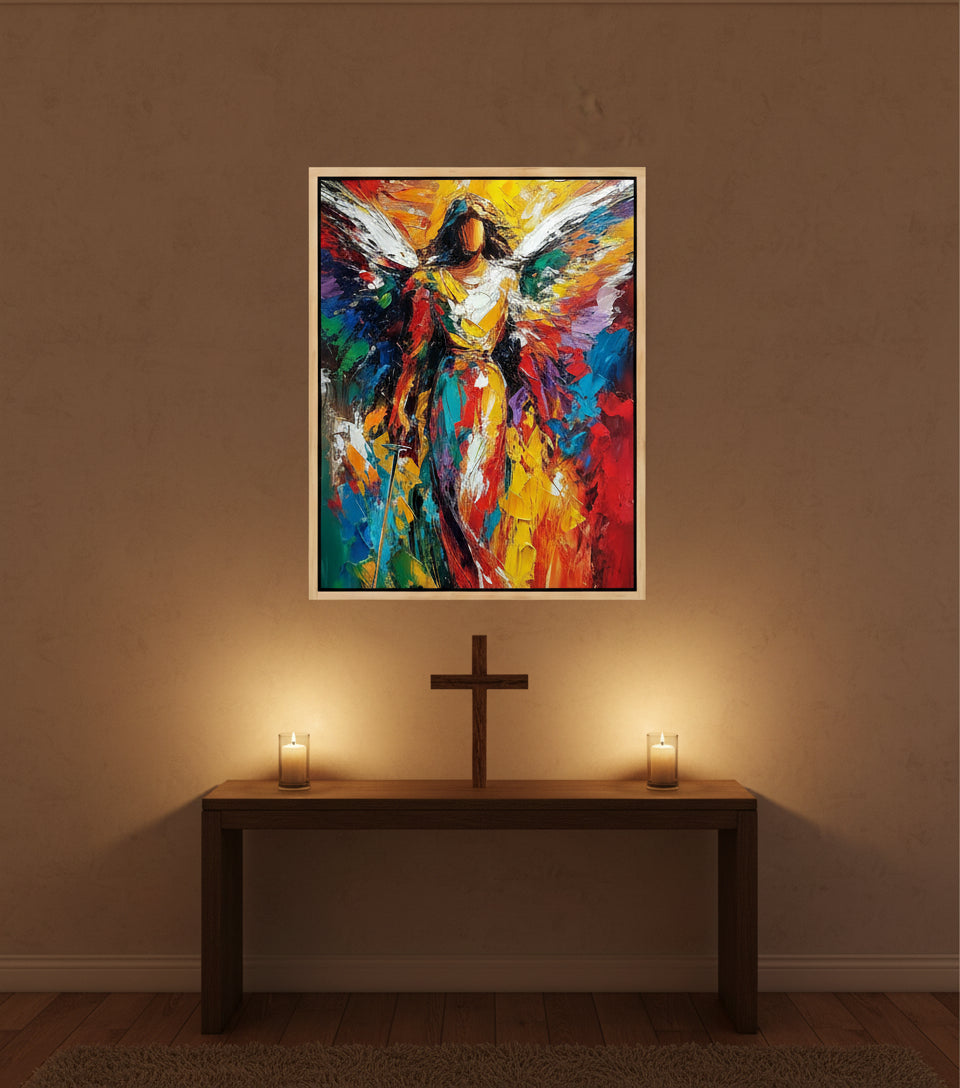 Radiant Angel Warrior Art – Guardian Angel with Sword Abstract Painting | Christian Wall Decor