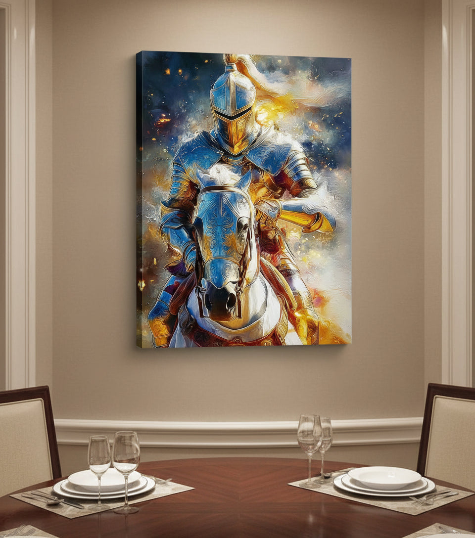 Heavenly Warrior on White Horse faithfulprints Canvas – Christian Knight Wall Art, Spiritual Battle Painting, Faith Armor Artwork
