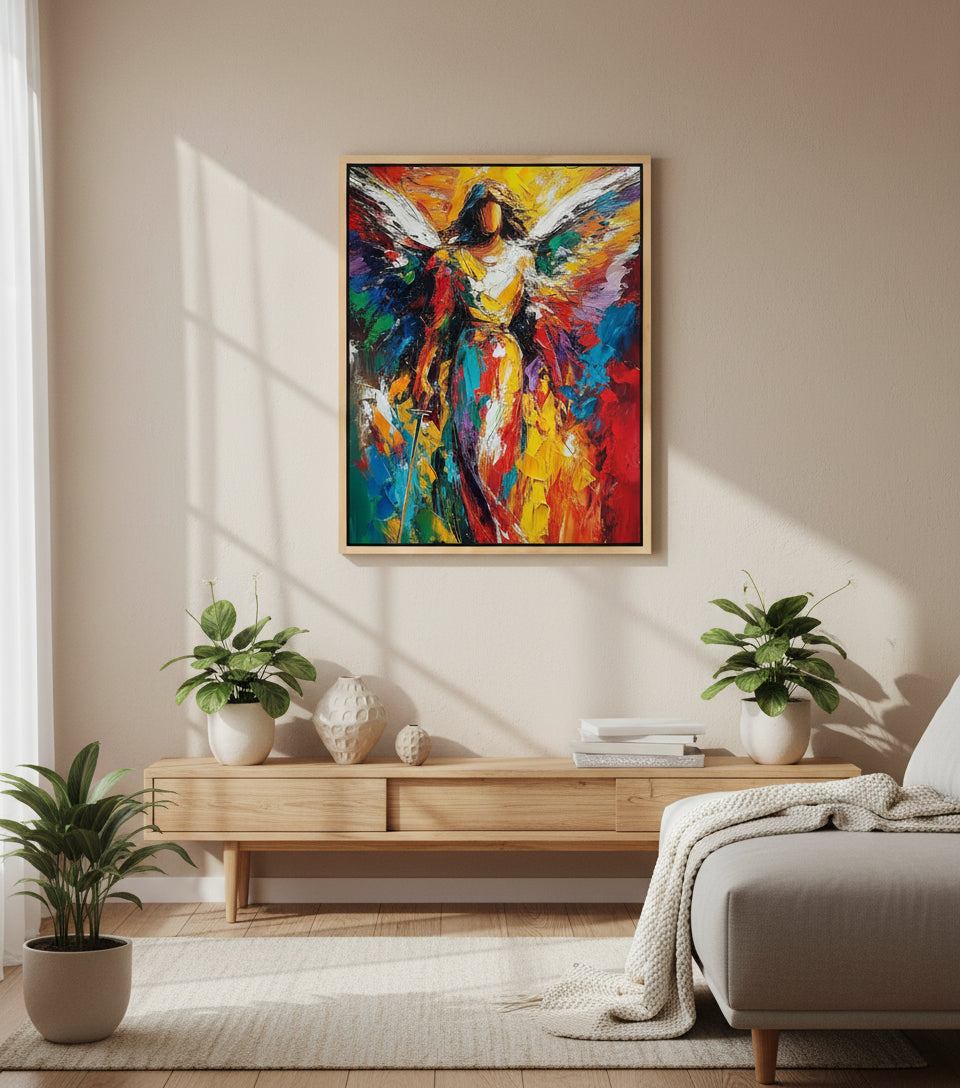 Radiant Angel Warrior Art – Guardian Angel with Sword Abstract Painting | Christian Wall Decor