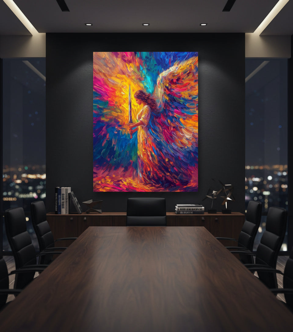 Heavenly Guardian Angel With Sword – Colorful Christian Wall Art