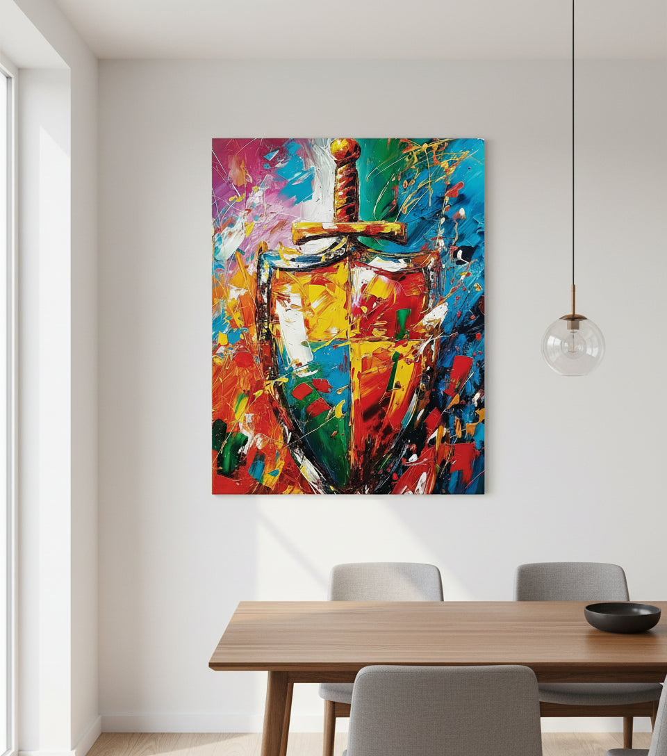 Sword & Shield Christian Canvas – Armor of God Wall Art, Faith Protection Painting, Ephesians 6:16–17