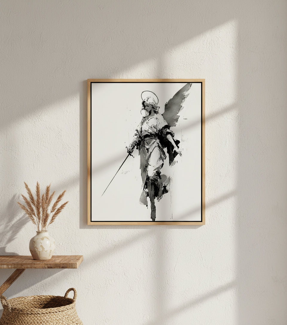 Warrior Angel with Sword – Minimalist Black & White Christian Wall Art, Guardian Angel Canvas
