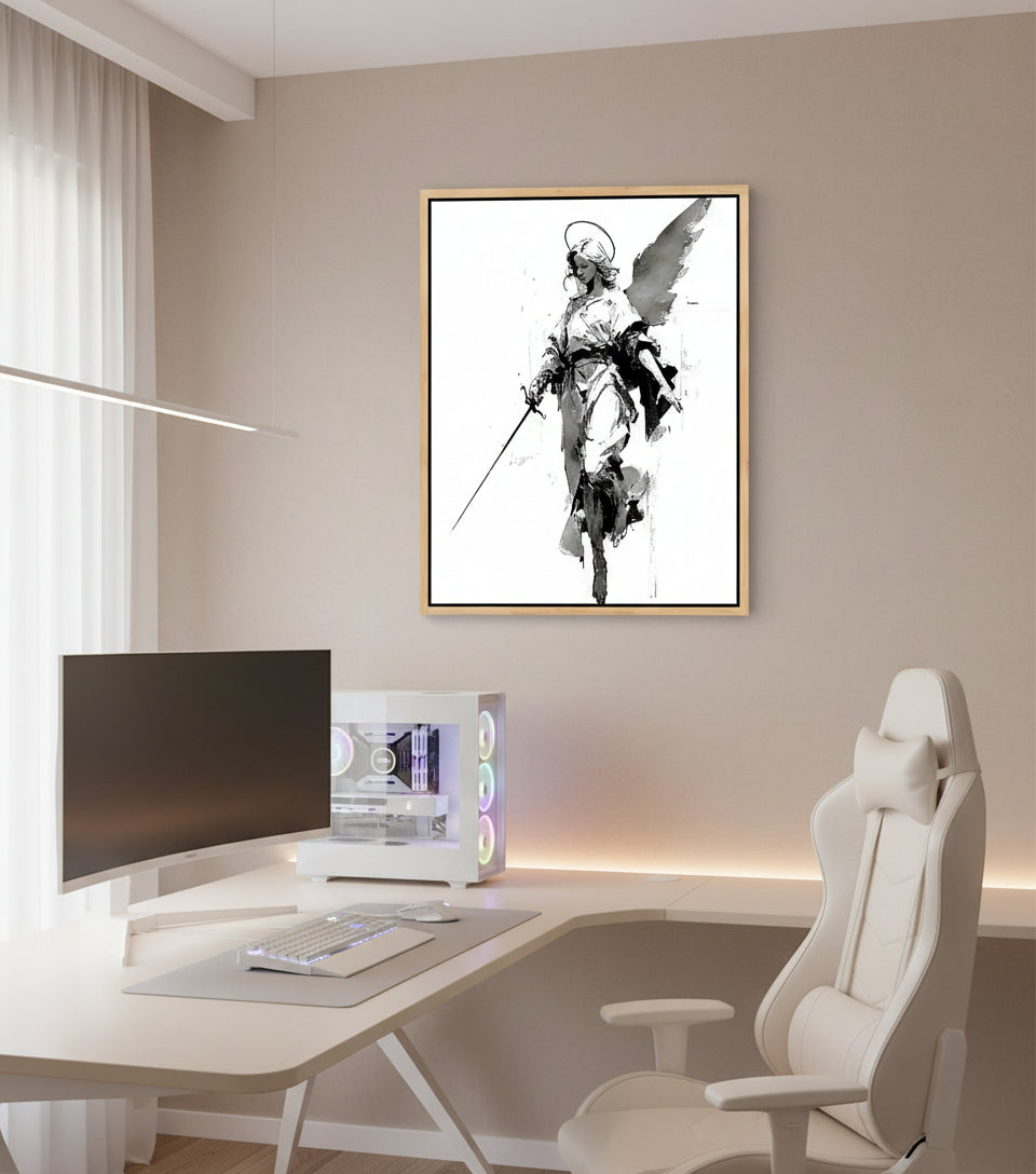 Warrior Angel with Sword – Minimalist Black & White Christian Wall Art, Guardian Angel Canvas