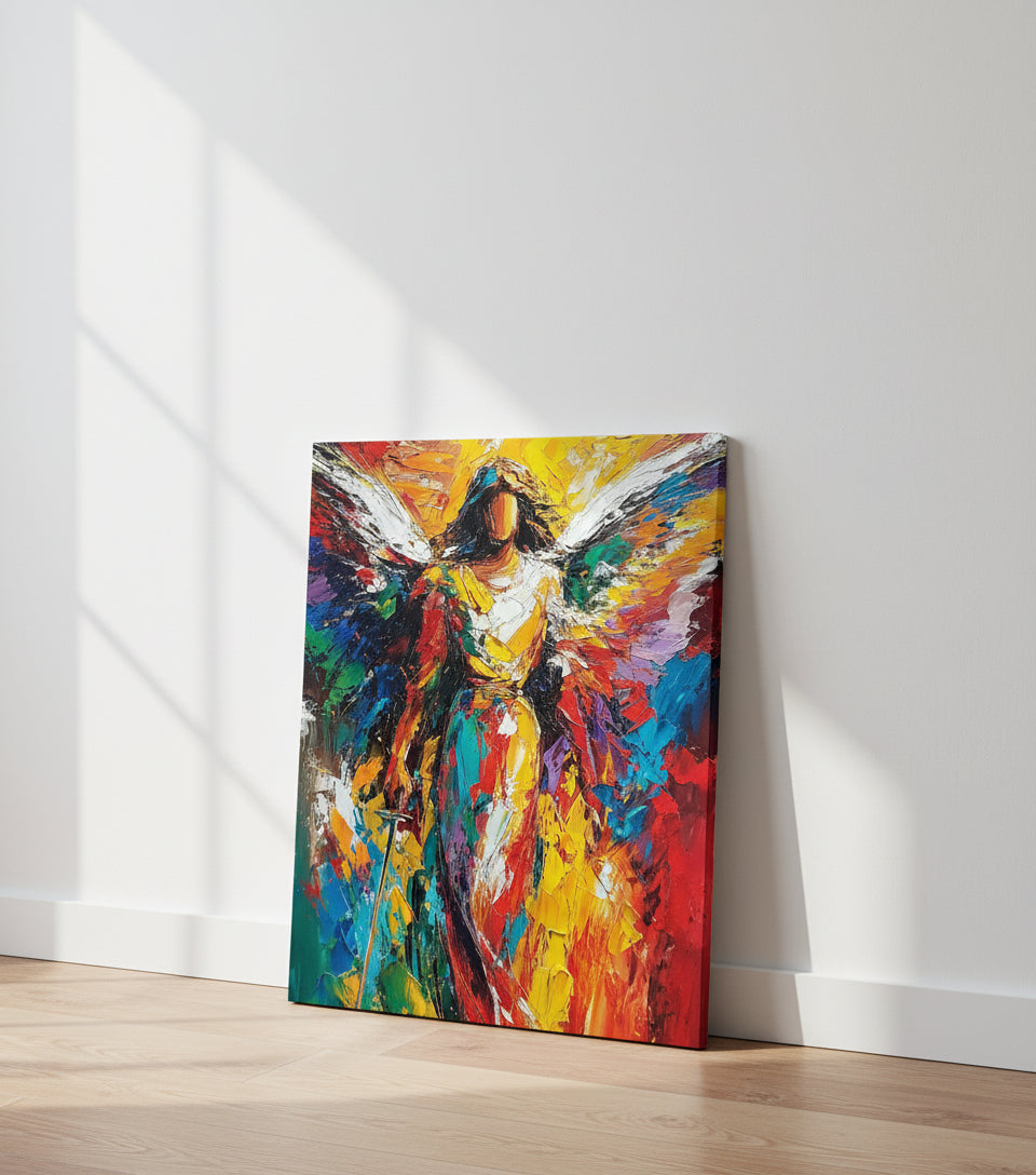 Radiant Angel Warrior Art – Guardian Angel with Sword Abstract Painting | Christian Wall Decor