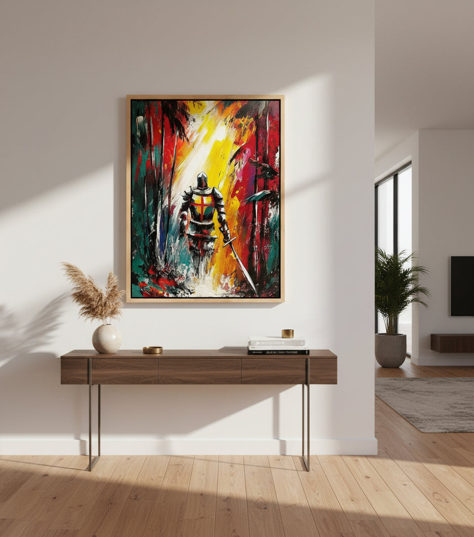 Christian Warrior in the Forest Canvas – Spiritual Battle Wall Art, Armor of God Painting, Light vs Darkness Artwork