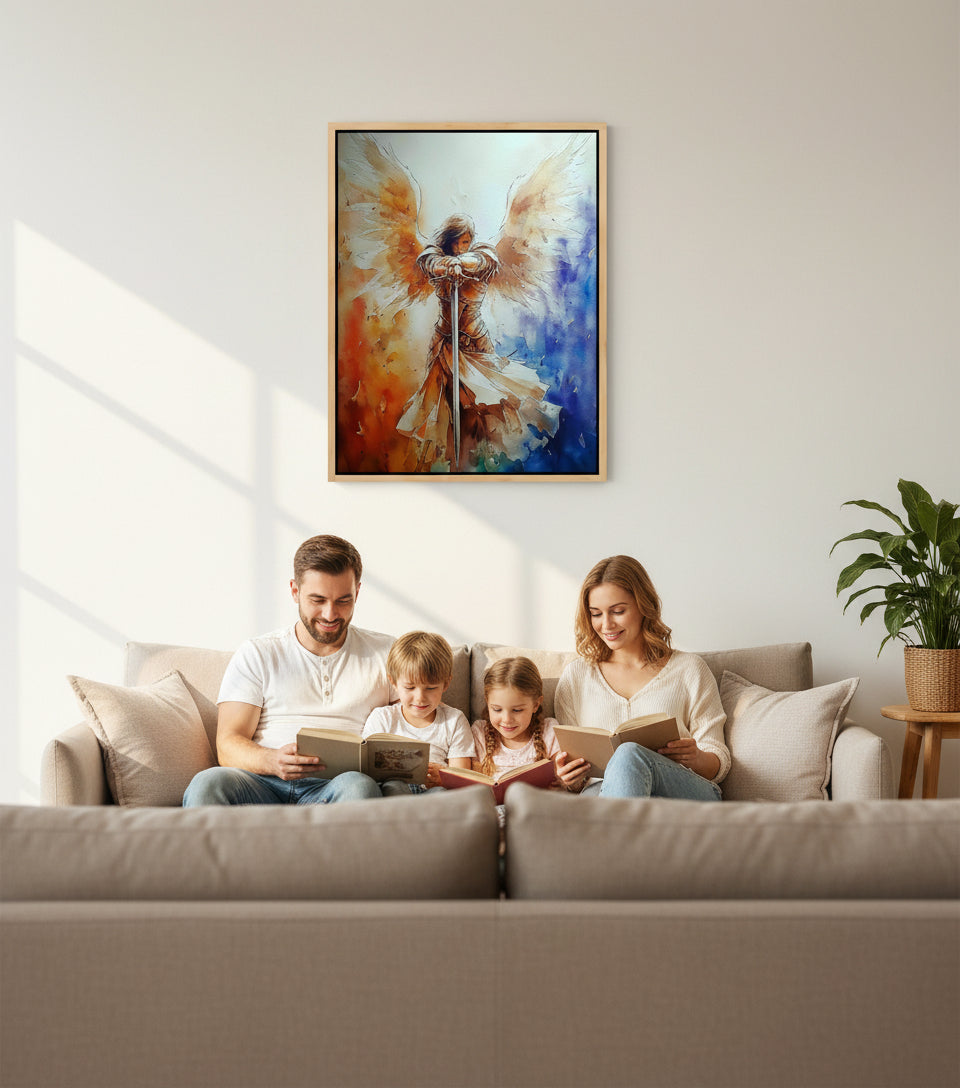 Guardian Angel with Sword Wall Art – Christian Angel Warrior Canvas, Seraphim Protection Painting, Faith Decor