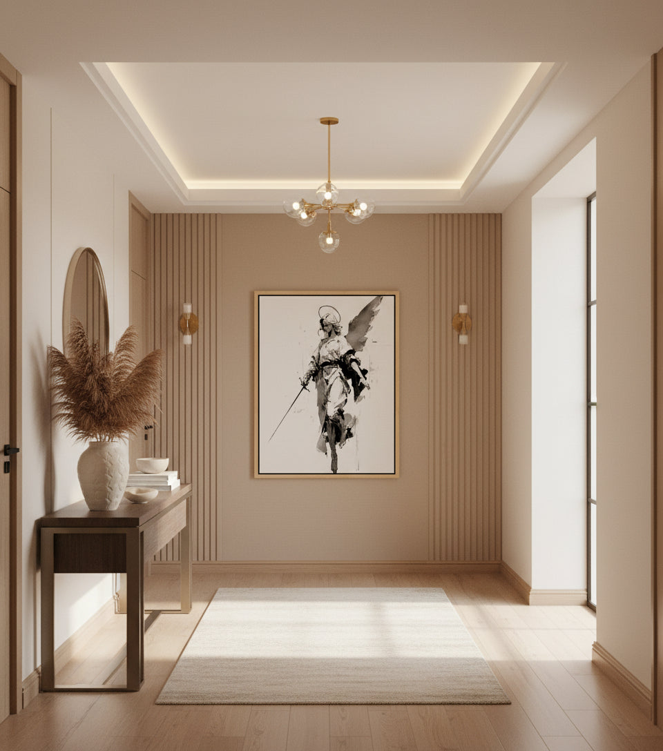 Warrior Angel with Sword – Minimalist Black & White Christian Wall Art, Guardian Angel Canvas