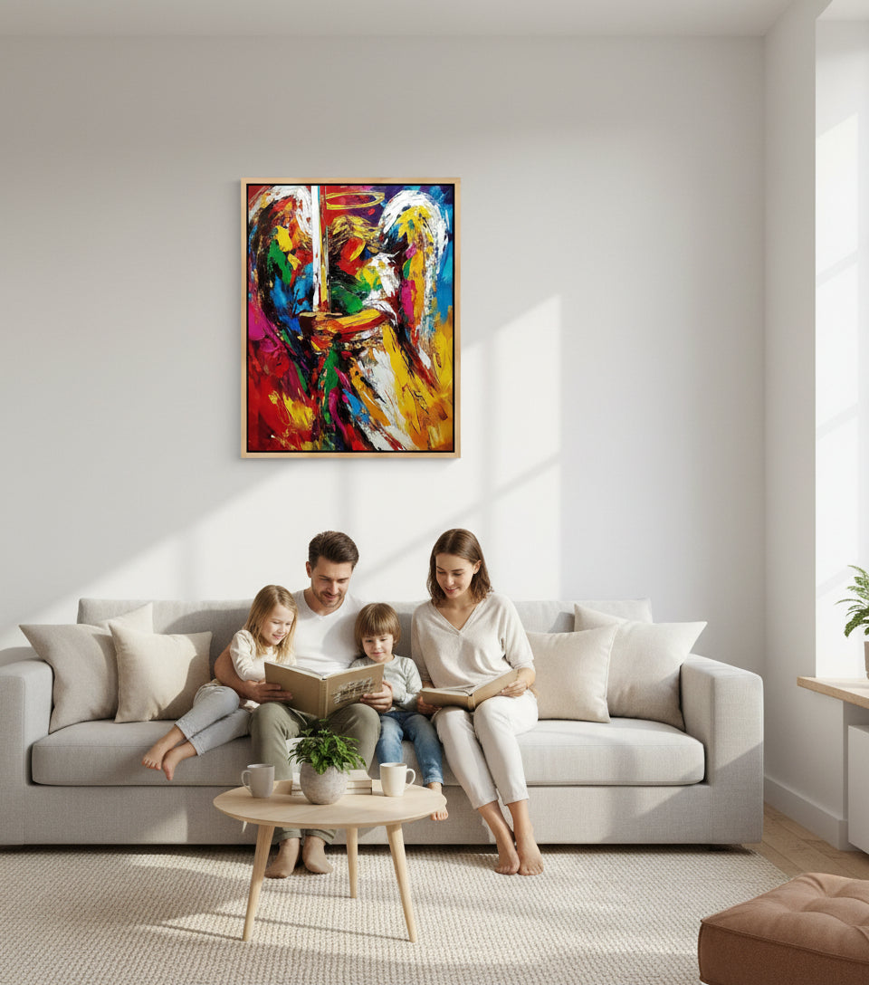 Guardian Angel with Flaming Sword – Vibrant Christian Wall Art, Angelic Protection Canvas Painting