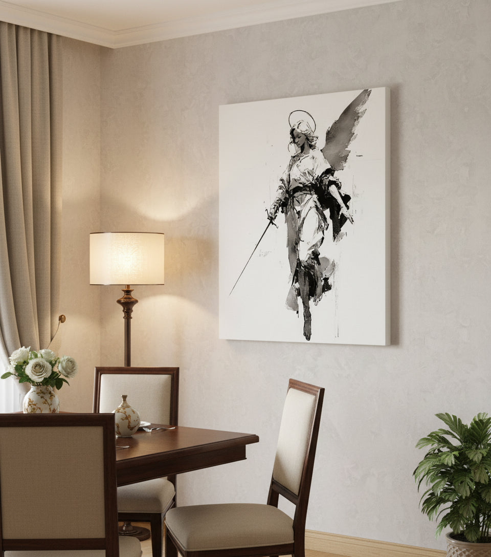 Warrior Angel with Sword – Minimalist Black & White Christian Wall Art, Guardian Angel Canvas