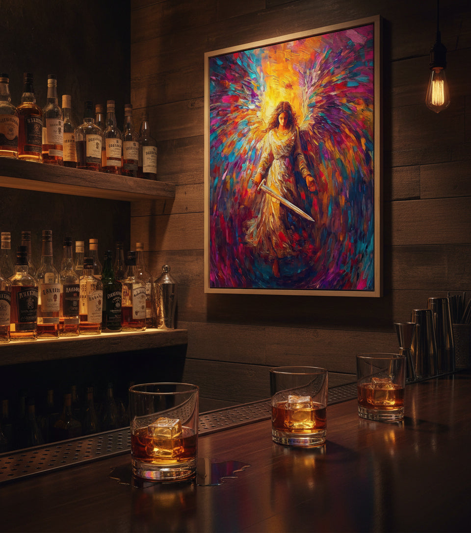 Radiant Angel with Sword – Vibrant Seraph Guardian Christian Wall Art