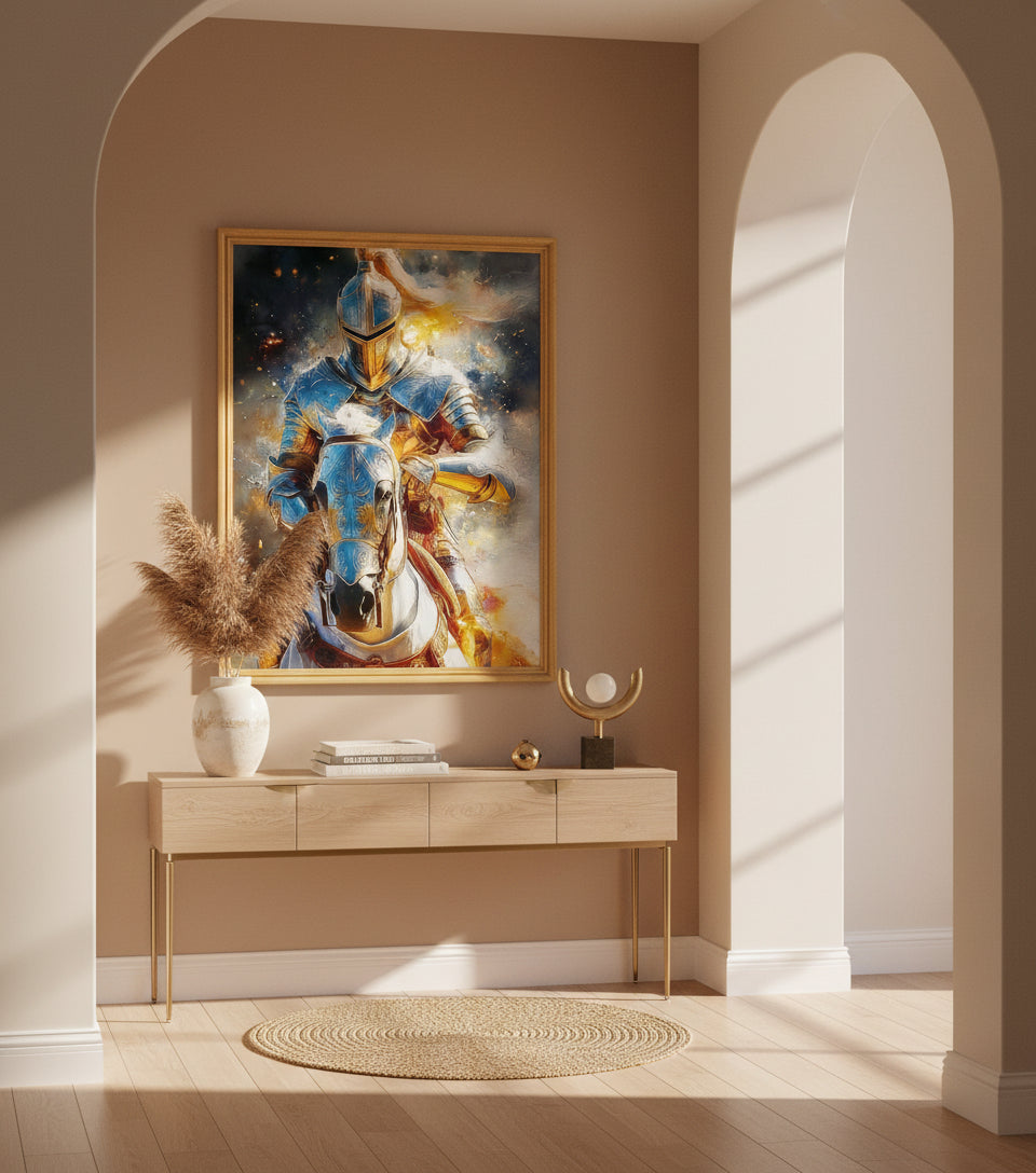 Heavenly Warrior on White Horse faithfulprints Canvas – Christian Knight Wall Art, Spiritual Battle Painting, Faith Armor Artwork