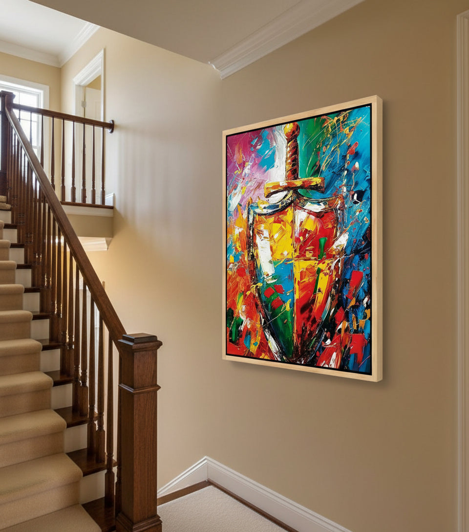 Sword & Shield Christian Canvas – Armor of God Wall Art, Faith Protection Painting, Ephesians 6:16–17