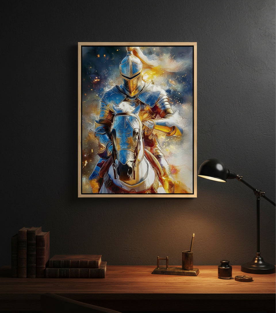 Heavenly Warrior on White Horse faithfulprints Canvas – Christian Knight Wall Art, Spiritual Battle Painting, Faith Armor Artwork