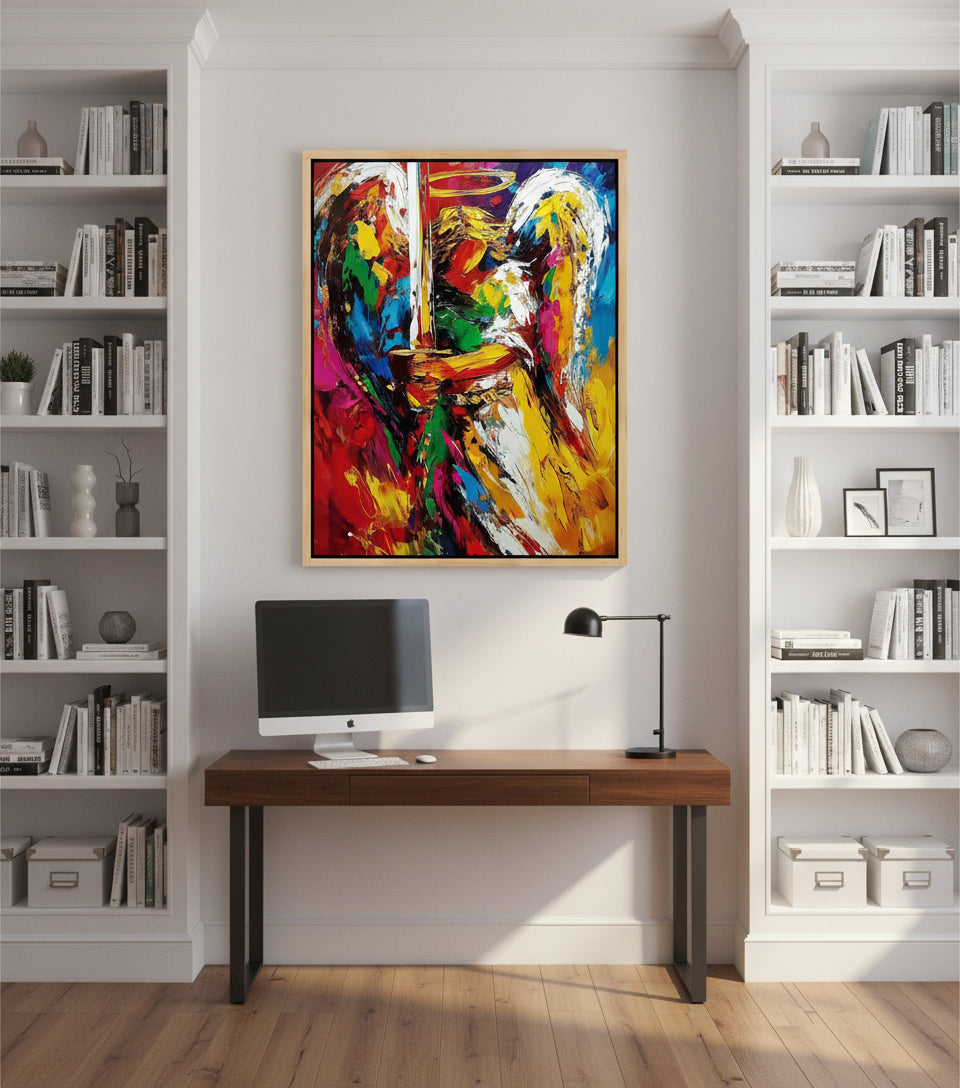 Guardian Angel with Flaming Sword – Vibrant Christian Wall Art, Angelic Protection Canvas Painting